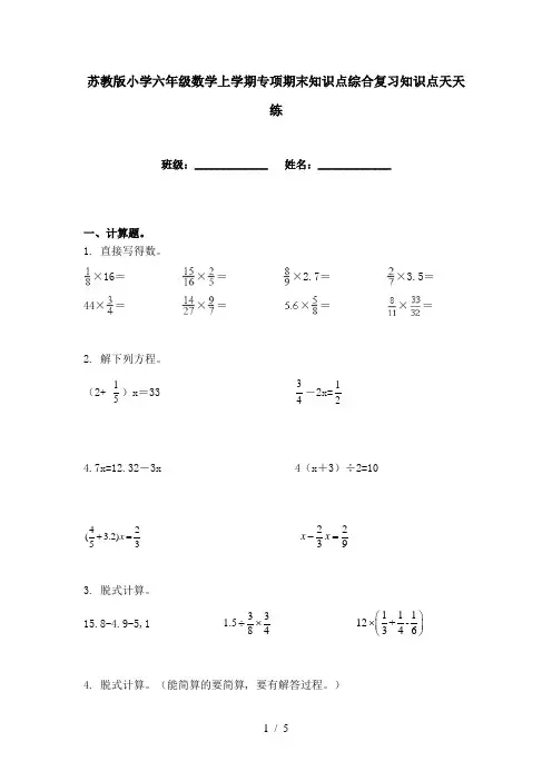 苏教版小学六年级数学上学期专项期末知识点综合复习知识点天天练