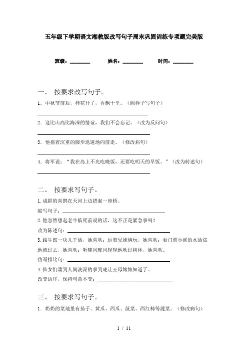 五年级下学期语文湘教版改写句子周末巩固训练专项题完美版