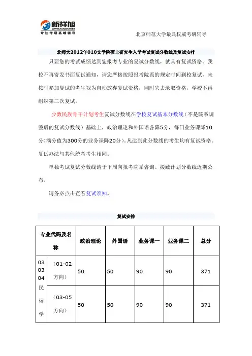 北师大2012年010文学院硕士研究生入学考试复试分数线及复试安排-新祥旭考研辅导