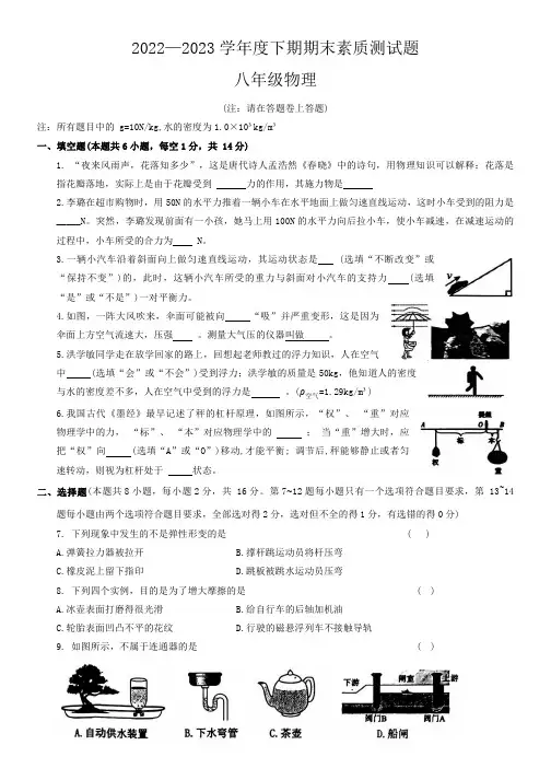 河南省驻马店市确山县2022-2023学年八年级下学期期末考试物理试卷(含答案)