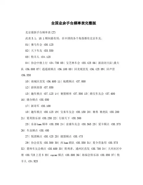 全国业余手台频率表完整版