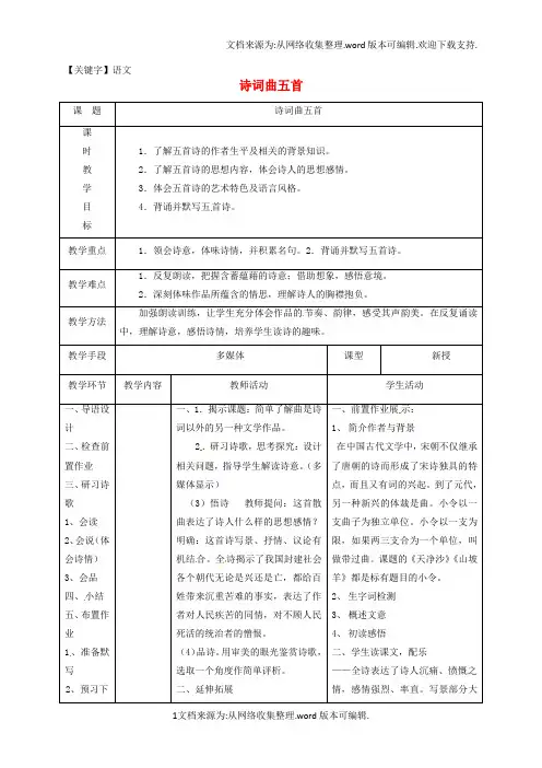 【语文】八年级语文下册第五单元25诗词曲五首教案4新版新人教版