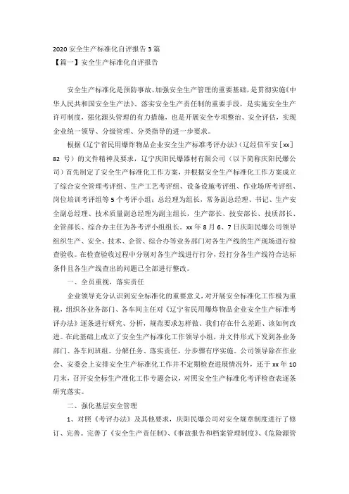 2020安全生产标准化自评报告3篇