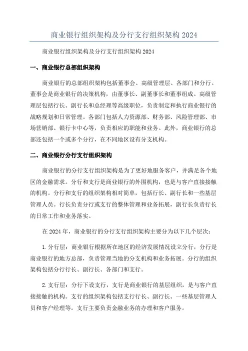 商业银行组织架构及分行支行组织架构2024
