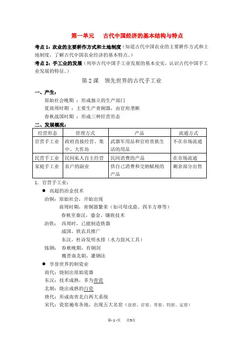 高中历史第一单元古代中国经济的基本结构与特点