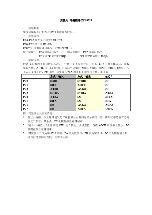 实验九 可编程并行口8255