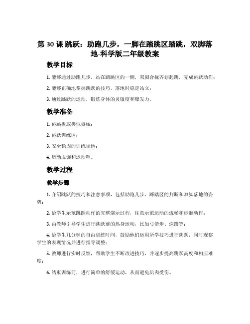 第30课 跳跃：助跑几步,一脚在踏跳区踏跳,双脚落地-科学版二年级教案