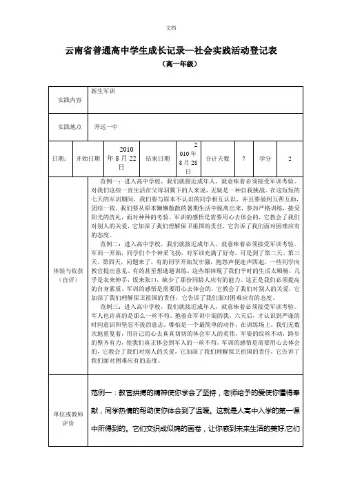 云南省普通高中学生成长记录—社会实践活动登记表