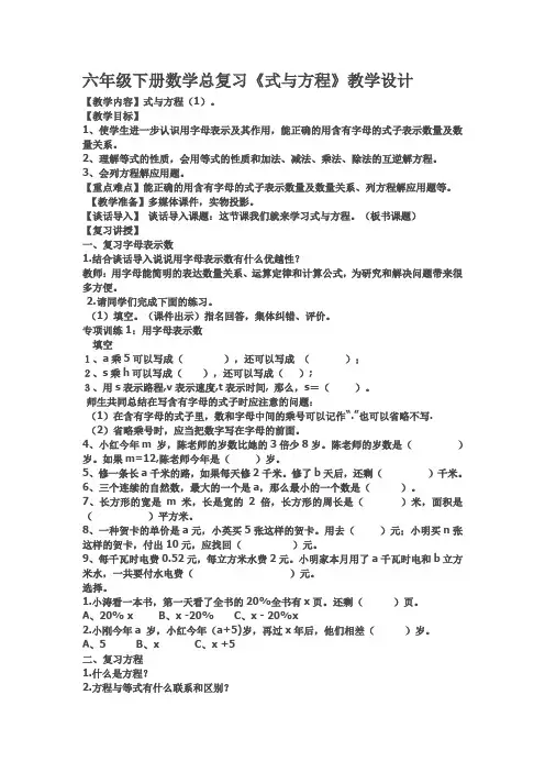 新北师大版六年级数学下册《复习  式与方程》公开课教案_6