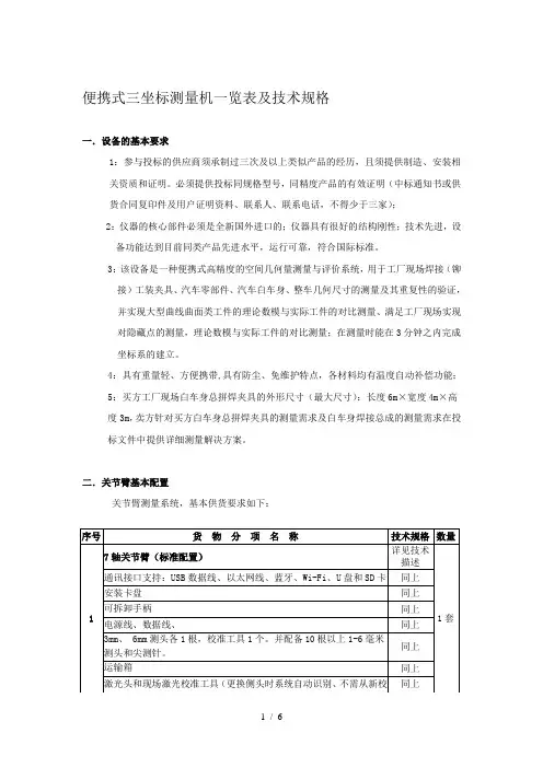 便携式三坐标测量机一览表及技术规格