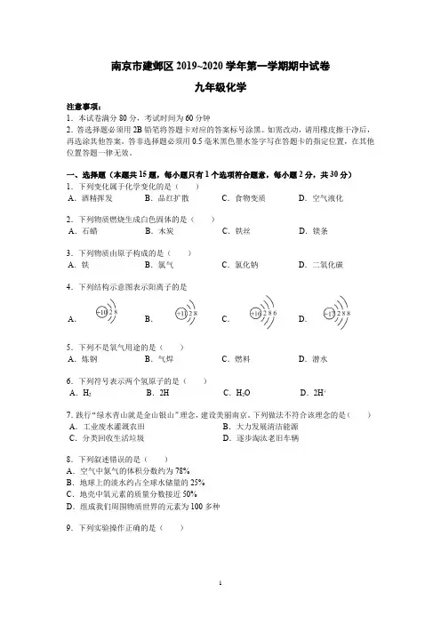 南京2019初三建邺期中化学卷