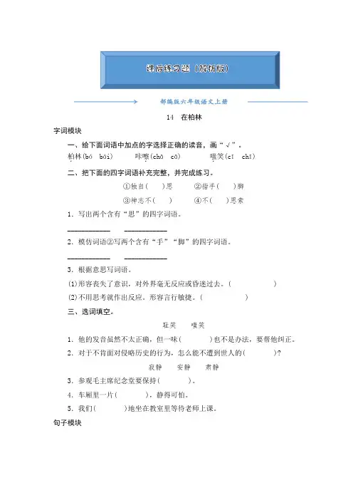 2020-2021部编版六年级语文上册《14《在柏林》》课后练习题(附答案)