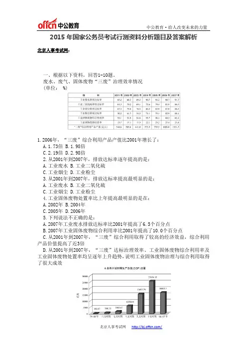 2015年国家公务员考试行测资料分析题目及答案解析