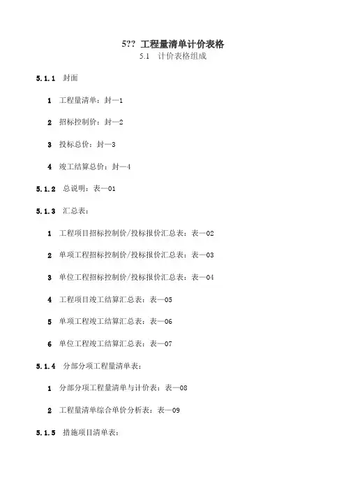 建设工程工程量清单计价规范表格