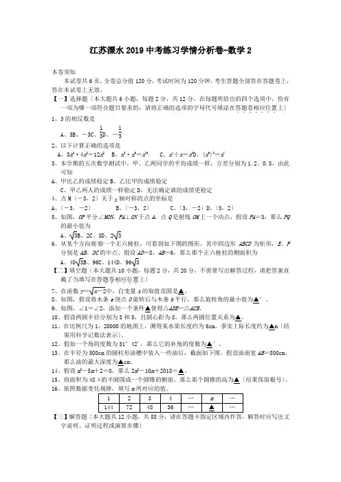 江苏溧水2019中考练习学情分析卷-数学2
