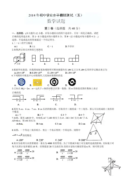 2014年山东省日照市初中学业水平模拟数学试题(五)及答案