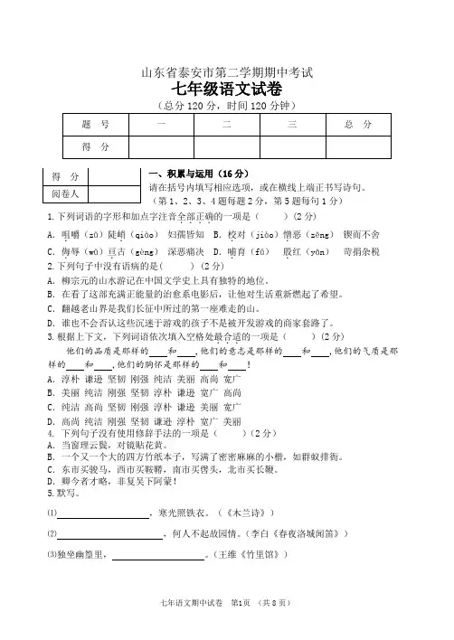 山东省泰安市七年级下学期期中语文试题及答案