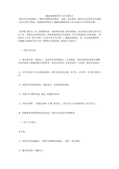 2016高校辅导员工作计划范文