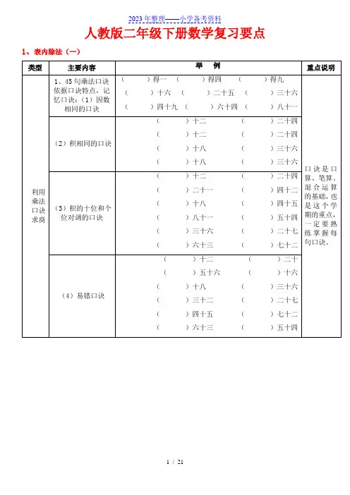 新人教版二年级下册数学总复习知识点及练习.