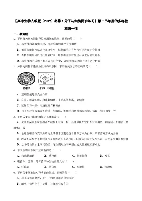 【高中生物人教版(2019)必修1同步练习】1.2 细胞的多样性和统一性(含答案)