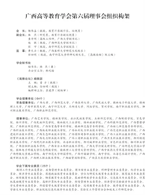 广西高等教育学会第六届理事会组织构架