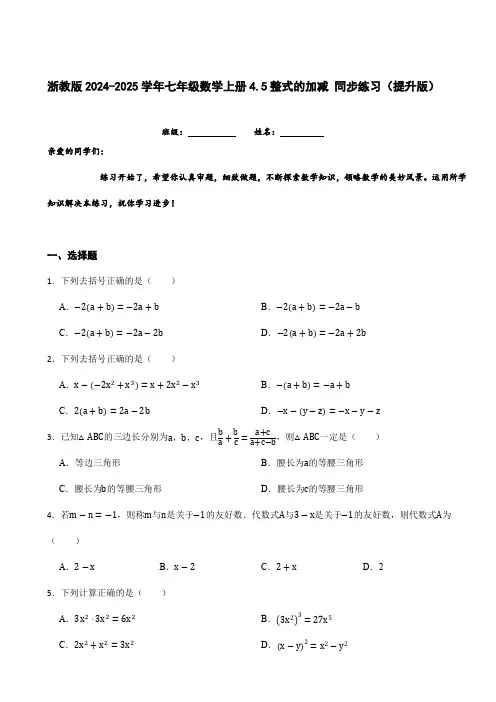 浙教版2024-2025学年七年级数学上册4.5整式的加减同步练习(提升版)(附答案)