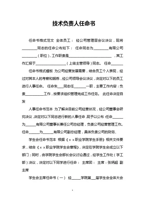 技术负责人任命书