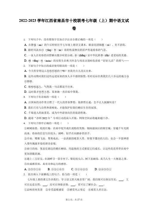 2022-2023学年江西省南昌市十校联考七年级(上)期中语文试卷(含答案解析)