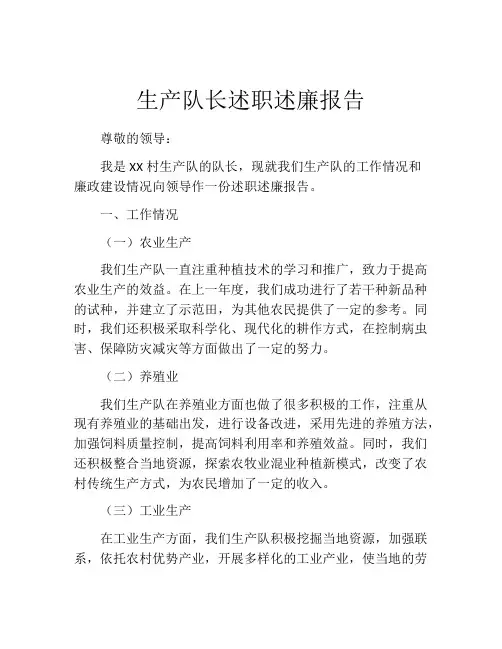 生产队长述职述廉报告