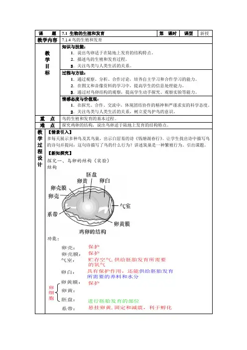 7.1.4鸟的生殖和发育教案