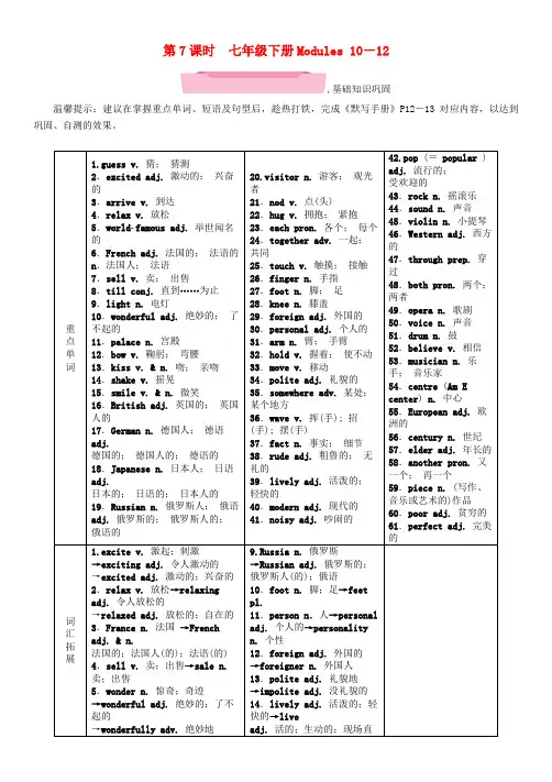 浙江省2018届中考英语总复习 第1部分 教材知识梳理篇 第7课时 七下 Modules 10-12(精讲)试题 外研版