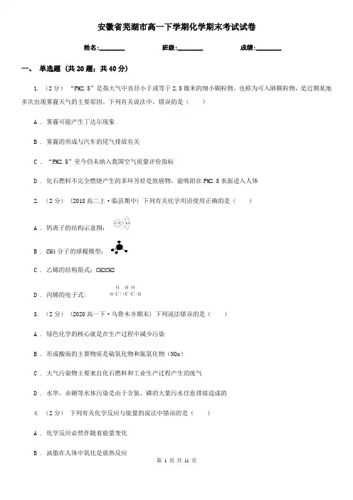 安徽省芜湖市高一下学期化学期末考试试卷