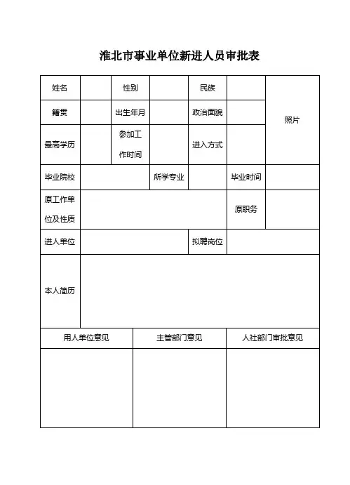 淮北市事业单位新进人员审批表