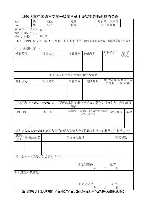 XX大学中国语言文学一级学科硕士研究生导师资格遴选表【模板】