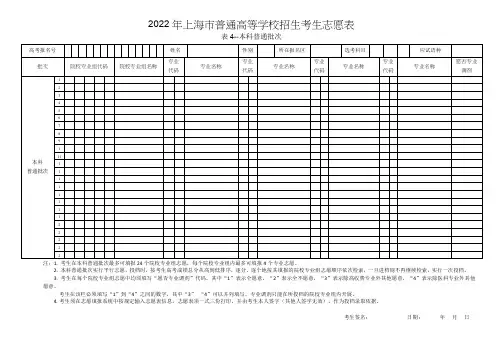 2022年上海市普通高等学校招生考生志愿表表4--本科普通批次