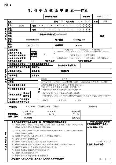 机动车驾驶证申请表(香港人换证)(样表)