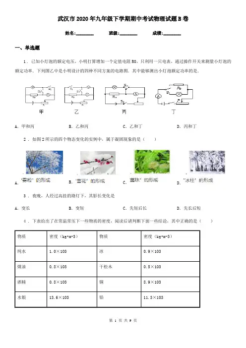 武汉市2020年九年级下学期期中考试物理试题B卷