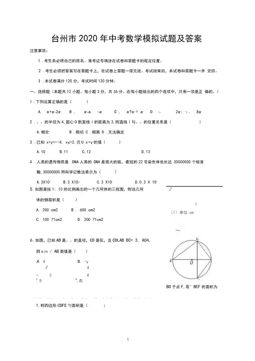 台州市2020年中考数学模拟试题及答案