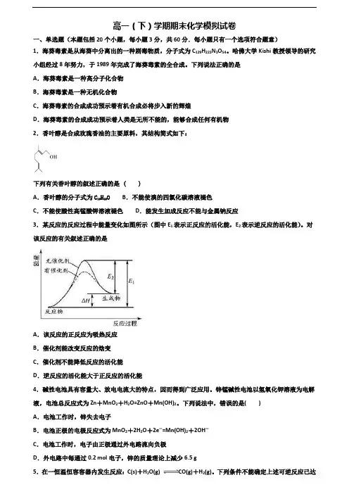 2019-2020学年广东省惠州市新高考高一化学下学期期末综合测试试题