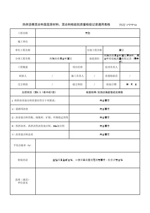 热拌沥青混合料面层原材料、混合料检验批质量检验记录通用表格 (1)