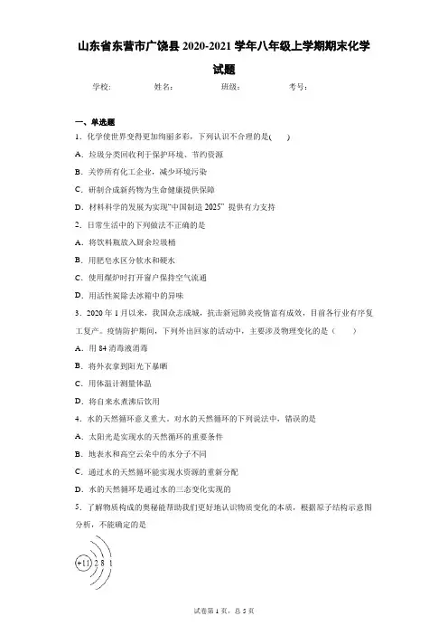 山东省东营市广饶县2020-2021学年八年级上学期期末化学试题(word版含答案)