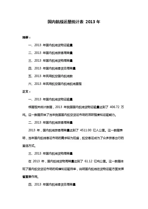 国内航线运量统计表 2013年