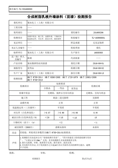 合成树脂乳液外墙涂料检测报告