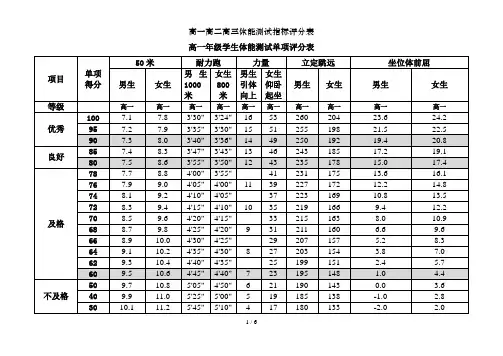 高一高二高三体能测试指标评分表