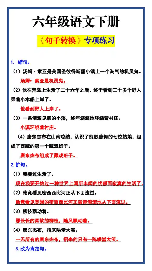 六年级语文下册 《句子转换》专项练习