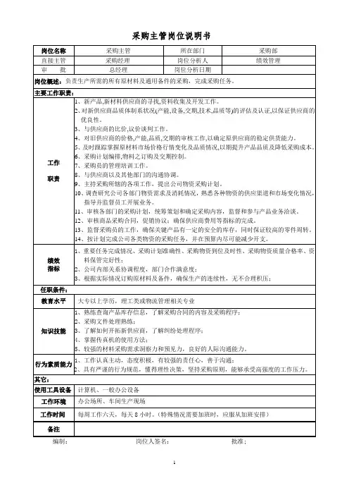 采购主管岗位说明书