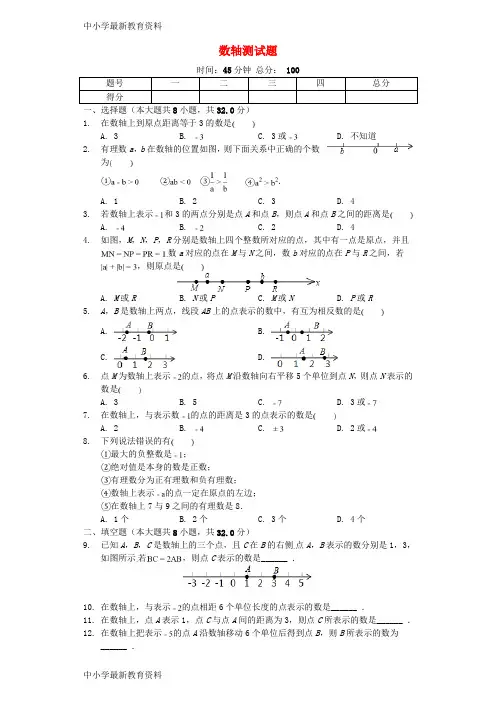 【中小学资料】七年级数学上册 2.2《数轴》测试题(含解析)(新版)北师大版