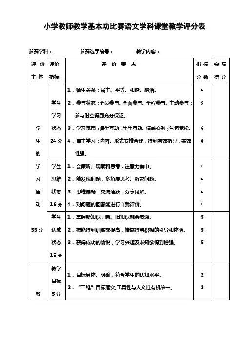 小学教师教学基本功大赛上课反思评课等评分表