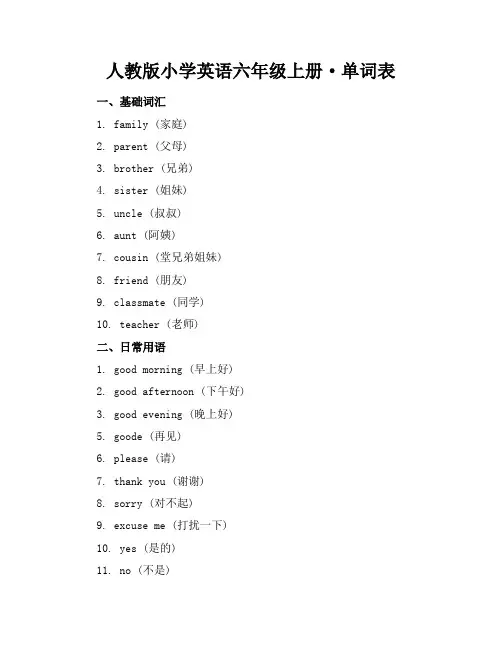 人教版小学英语六年级上册·单词表