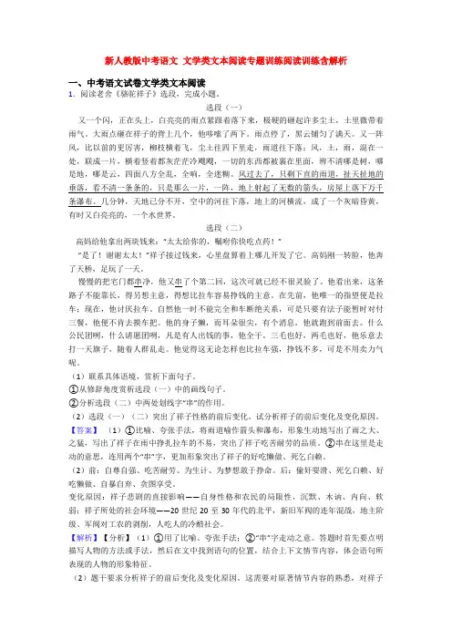 新人教版中考语文 文学类文本阅读专题训练阅读训练含解析